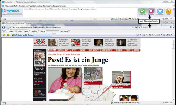 Ansicht Testperson, zwei Browserfenster
