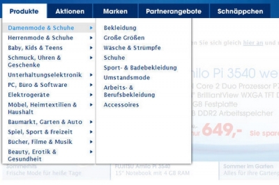 Layer-Navigation auf www.quelle.de am Beispiel des Sortiments Produkte > Damenmode & Schuhe (Stand Juli 2009)