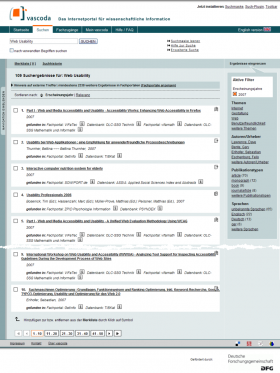 vascoda.de - Trefferliste mit aktivem Filter