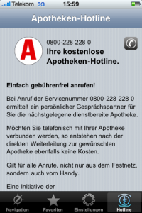 Bad Practice – Der Anrufen-Button (rechts oben) bei der iPhone-App von apotheken.de ist viel zu undeutlich als solcher gestaltet (Farbe, Größe, Position) und darüber hinaus noch schwer mit dem Finger zu treffen.