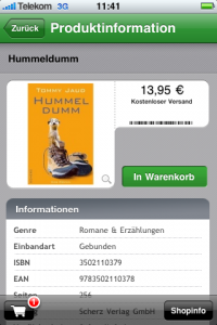 Good Practice – Sobald der Nutzer einen Artikel in den Warenkorb legt, erhält er nicht nur umfangreiches visuelles Feedback (Buttonzustand / -farbe verändert sich, Artikelabbildung „fliegt“ in den Warenkorb, Anzeige der Artikelanzahl direkt am Warenkorb-Icon), sondern auch taktile Rückmeldung, in dem das iPhone kurz vibriert (iPhone-App von Shopgate).