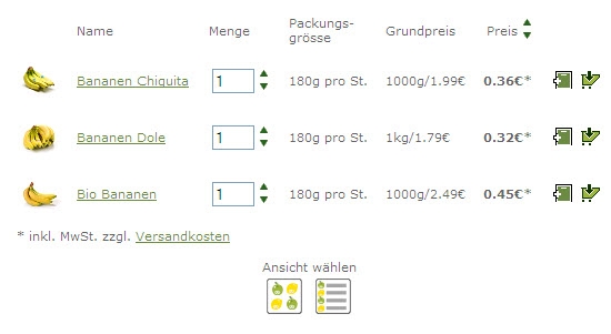 Übersichtseite \'Bananen\' als Liste