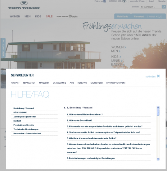 Die Rubrik Hilfe/FAQ legt sich über die aktuell geöffnete Seite
