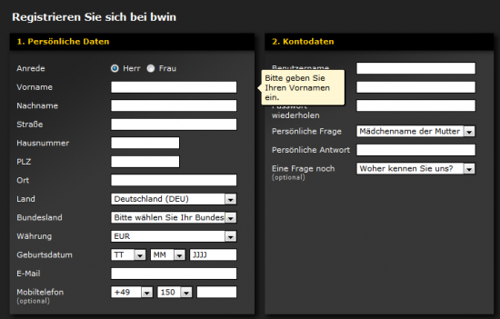Bwin sofortiges Feedback Registrierung