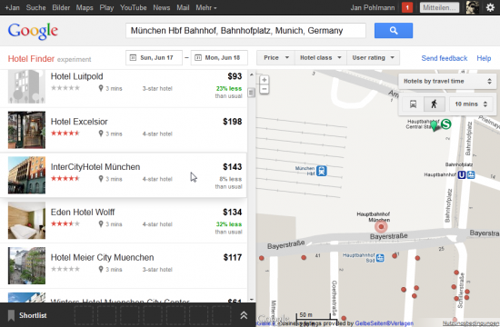 Der Google Hotel Finder hebt bei Mouseover in der Liste das Hotel in der Karte hervor Der Google Hotel Finder hebt bei Mouseover in der Liste das Hotel in der Karte hervor