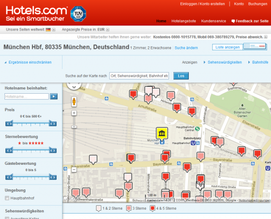 Bei Hotels.com lassen sich die Kartenmarkierungen klar erkennen und unterscheiden Bei Hotels.com lassen sich die Kartenmarkierungen klar erkennen und unterscheiden