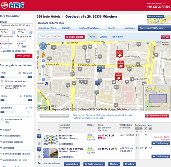 HRS.de stellt die Karte über der Ergebnisliste dar und ermöglicht die Hervorhebung einzelner Hotels HRS.de stellt die Karte über der Ergebnisliste dar und ermöglicht die Hervorhebung einzelner Hotels
