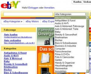 Klappmenü der Kategorieauswahl auf der Ebay Startseite.