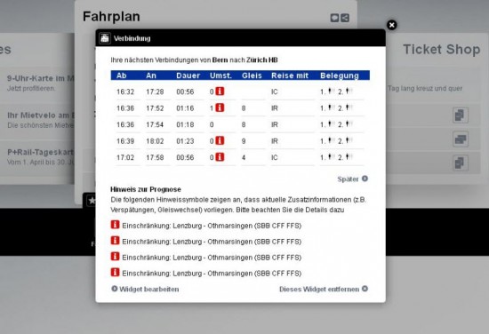 Widget für oft genutzte Fahrten bei der Schweizer Bahn