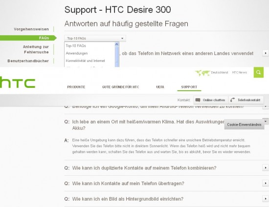 FAQ bei htc.com: Im Dropdown sind per Default die Top-10-FAQ eingestellt – die Nutzer können aber auch themenspezifische FAQ auswählen.