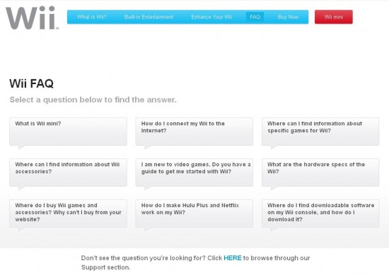 FAQ bei Nintendo.com (Wii): Fokus auf die wirklich häufigen Fragen; Link zu weiteren Support-Themen findet sich unterhalb.