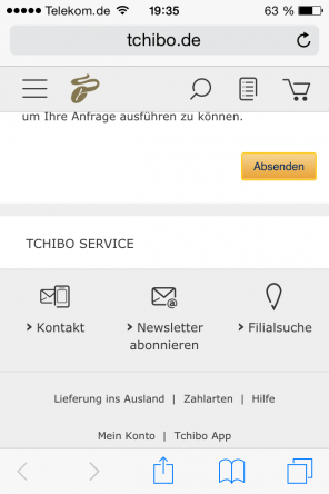 Kontaktseite Tchibo.de auf Smartphone