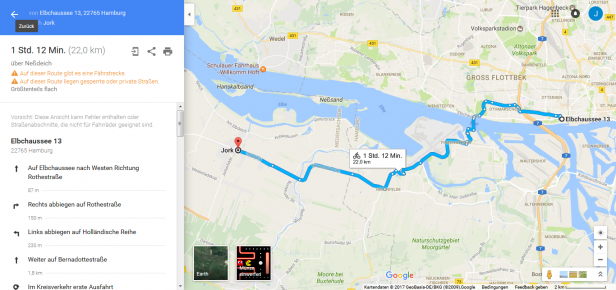 Beispiel einer Fahrradroute bei Google Maps