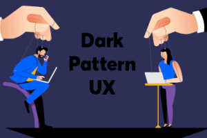 Banner mit dunkelblauen Hintergrund auf dem zwei gezeichnete Hände Figuren, die an Laptops arbeiten, an Pfäden lenken. In der Mitte ist zu lesen Dark Pattern UX.