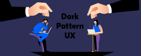 Banner mit dunkelblauen Hintergrund auf dem zwei gezeichnete Hände Figuren, die an Laptops arbeiten, an Pfäden lenken. In der Mitte ist zu lesen Dark Pattern UX.