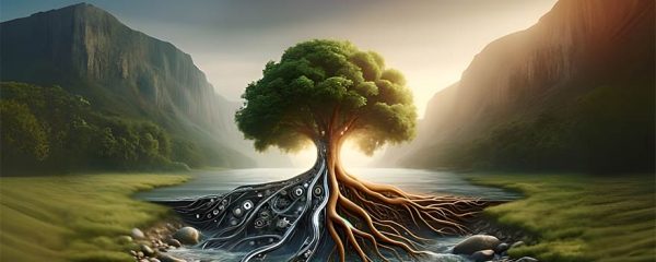 Zeichnung eines Baums, der aus dem Wasser wächst und zur Hälfte aus Metallischen Wurzeln und Stamm besteht
